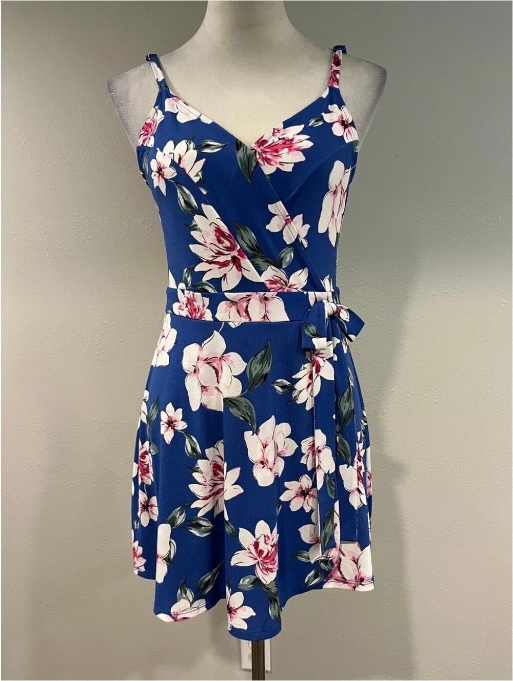 Blue Floral Wrap-Style Summer Dress
